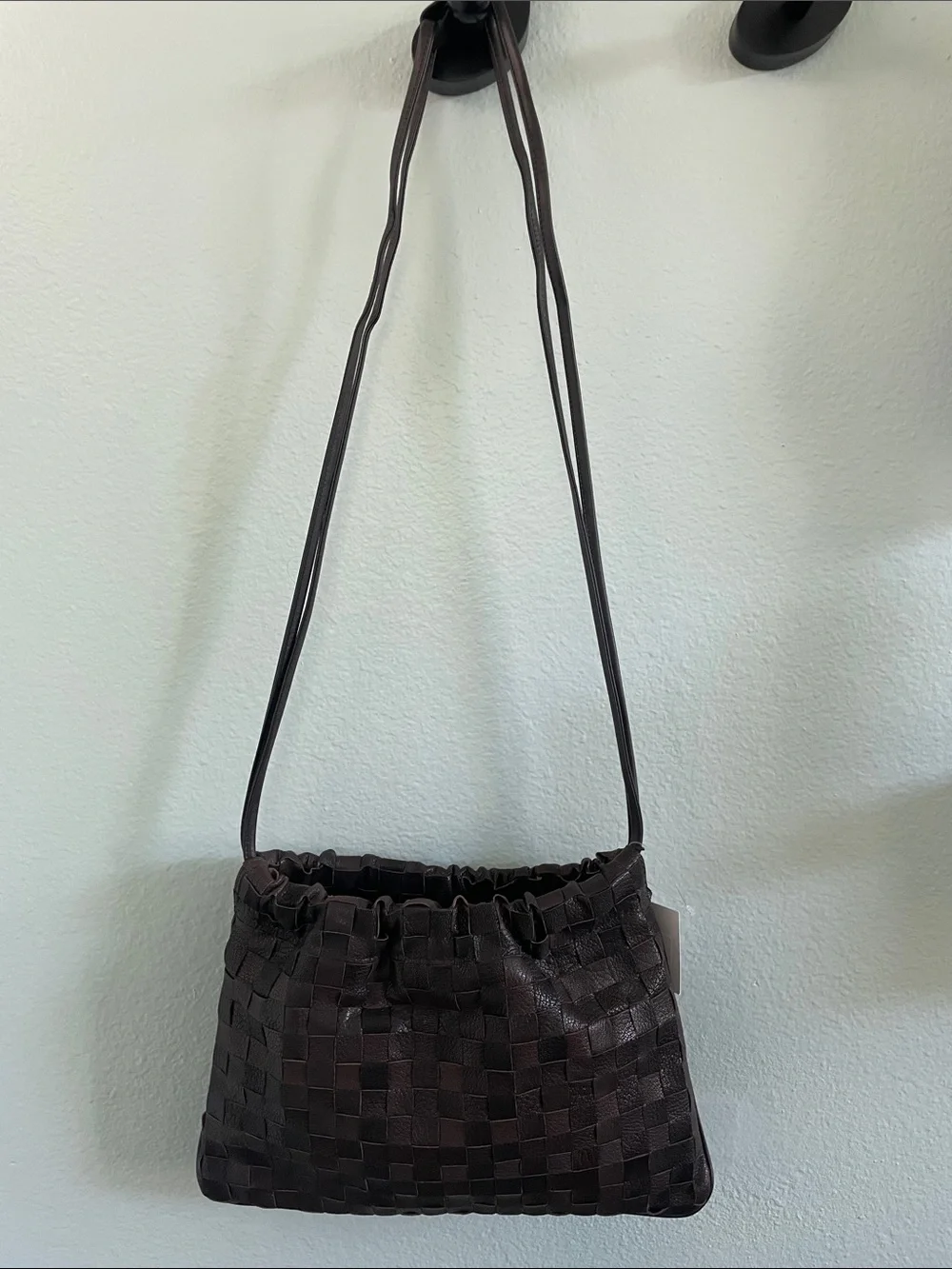 Woven Dark Brown Shoulder Bag with Slim Strap